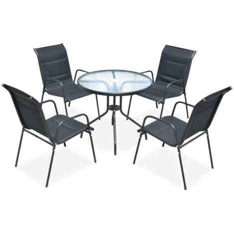 Lot de 5 Ensemble à manger de jardin avec coussins,Ensemble table et chaise,Mobilier de salle à manger Acier Noir HH17916