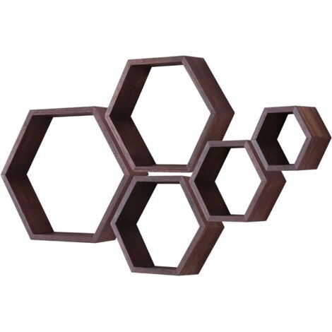 Lot de 5 étagères flottantes hexagonales en Bois à Fixation Murale hexagonale pour Chambre à Coucher, Salon, Bureau, décoration d'intérieur (Noyer Foncé)