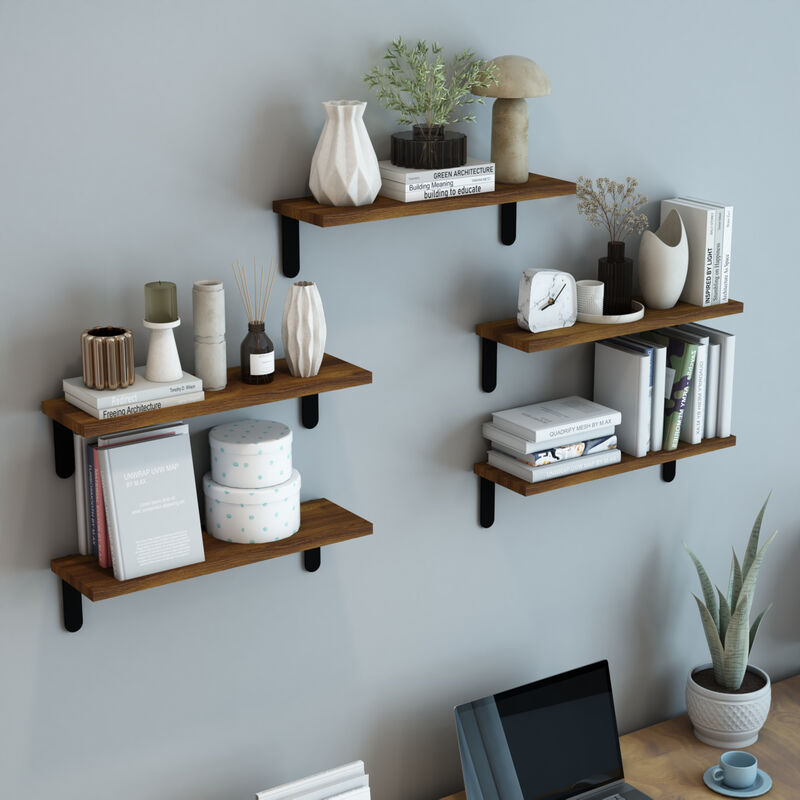 [en.casa] - Lot de 5 étagères murales Frogn panneau de particules acier 90 x 15 x 15 cm effet bois noir