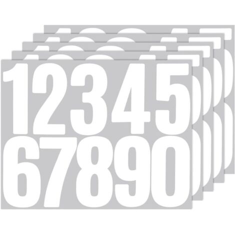 Lot de 5 feuilles d'autocollants numérotés - Blanc - 8 cm - Chiffres - Étanche - Autocollants de 0 à 9 - Réfléchissants - En vinyle - Pour résidence, boîte aux lettres