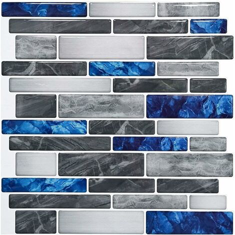 Lot de 5 feuilles de carrelage adhésif bleu avec motif marbre,crédence cuisine en vinyle effet mosaïque, 30.5X30.5CM,—VEBTles