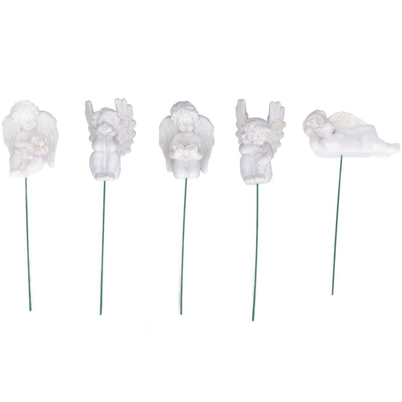 Feiyue - Lot de 5 figurines de Cupidon sur bâton en résine durable, figurine miniature d'ange blanc pour jardin, arrière-cour, sol