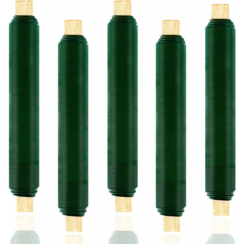 Lot de 5 fils d'emballage pour fleurs, antirouille, fil de reliure vert sur bâton en bois, épaisseur 0,65 mm, 35 m