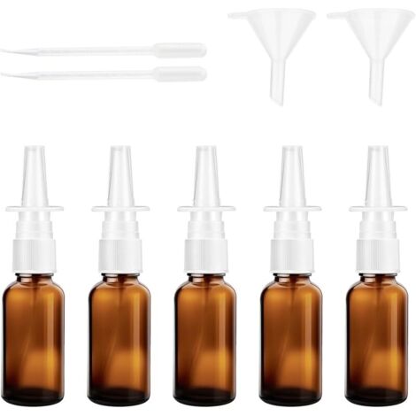 Lot de 5 flacons de pulvérisation nasale vides en verre de 30 ml, rechargeables, avec pipettes à entonnoir pour solution saline, parfum ou huile essentielle.