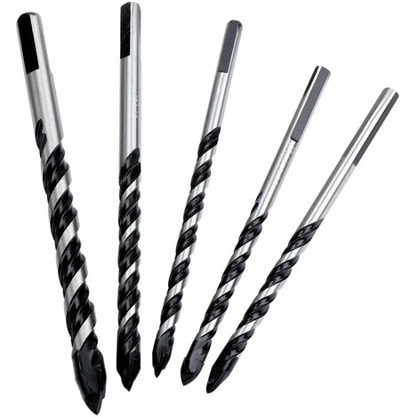 Lot de 5 forets à maçonnerie multi-matériaux en alliage triangulaire, pointe pour béton, brique, verre, plastique et bois 6 mm, 8 mm, 10 mm, 12 mm