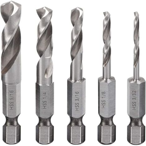 Lot de 5 forets à tige hexagonale à changement rapide HSS M2 pour embout d'angle et utilisation dans les espaces étroits, 3/32, 1/8, 3/16, 1/4, 5/16"
