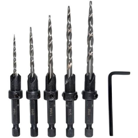 Lot de 5 forets coniques à tige hexagonale 3 en 1 pour perçage de 7/64 9/64 11/64 3/16 7/32 trous de vis avec butée de profondeur réglable à dégagement rapide 1 clé Allen