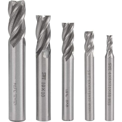 Lot de 5 fraises à queue droite en acier rapide pour tour CNC. 4. 6. 8. 10 et 12 mm. 4 cannelures. fraises hélicoïdales. forets 4/6/8/10/12 mm -