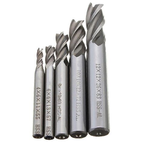 Lot de 5 fraises droites à 4 dents en acier rapide (HSS) de 4/6/8/10/12 mm pour fraiseuse CNC
