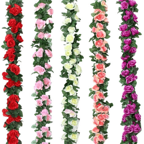 Lot de 5 guirlandes de roses artificielles en soie et rotin à suspendre pour décoration d'extérieur, jardin, terrasse, arche (multicolore)