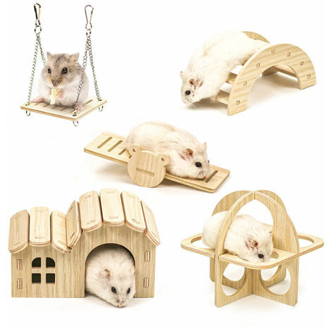 Lot de 5 jouets en bois pour hamster, maison de cachette de hamster, balançoire à bascule et entraînement, accessoires de décoration de cage de jouet, aire de jeux pour gerbilles, rats et hamsters nai