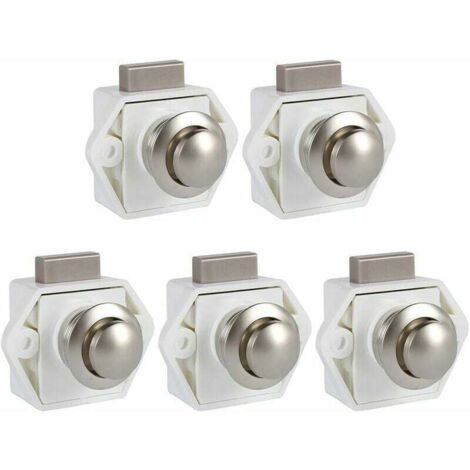 Lot de 5 loquets à bouton-poussoir sans clé pour portes de meubles, camping-cars, placards et meubles épais (blanc)