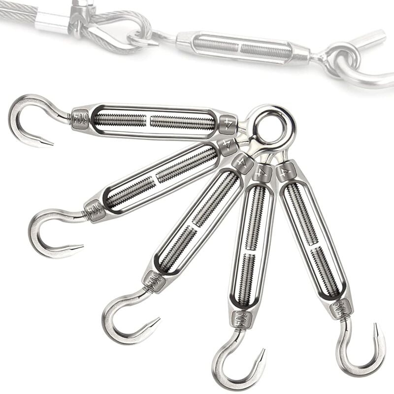 Lot de 5 M5 Tendeur de Fil en Acier Inoxydable Tendeur de Câble Réglable Tendeur Crochet et Oeil en Acier Inoxydable Tendeur de Câble à Crochet pour