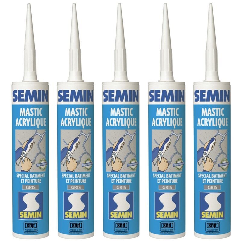 Semin - Lot de 5 mastics acrylique gris pour combler des fissures ou pour réaliser des liaisons entre différents éléments de maçonnerie