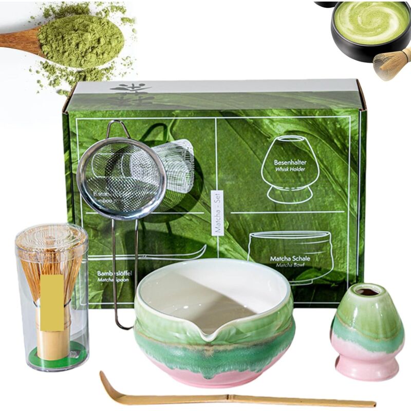 Lot de 5 matcha, balai, bol et set rose avec bec verseur, fouet, cuillère, chasen, passoire, thé pour cérémonie du thé et cadeau