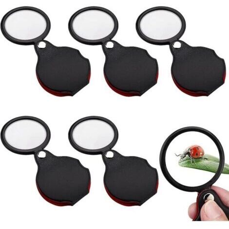 Lot de 5 mini loupes de poche 10x de 5,3 cm avec gaine de protection rotative en cuir pour personnes âgées, portable et pliable pour lecture, travail rapproché, cadeau pour personnes âgées