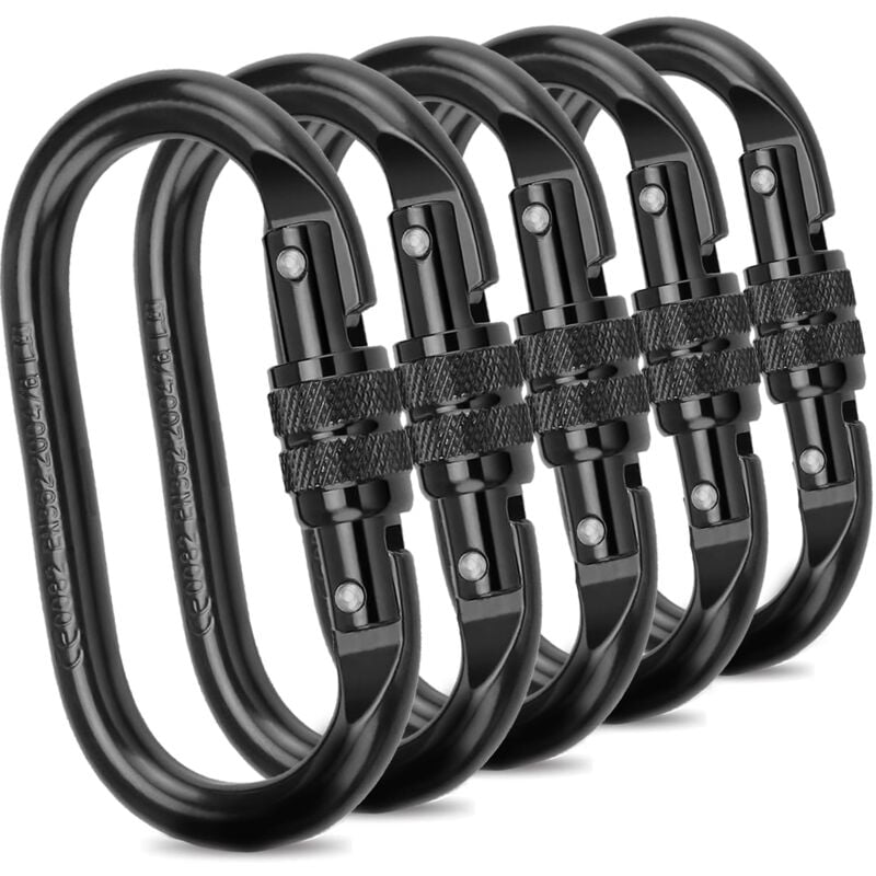 Lot de 5 Mousqueton Escalade Noir inox - 15KN(1500KG), Mousqueton Verrouillable Carabiner Oval Steel avec Bouchon à Vis, Mousqueton Militaire Noir,