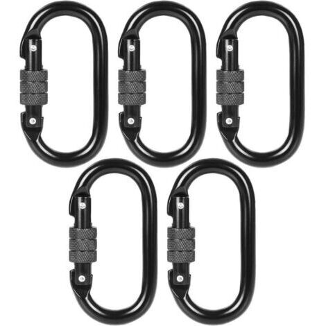 Lot de 5 Mousqueton Escalade Noir INOX - 20KN(2000KG), Mousqueton Verrouillable Carabiner Oval Steel avec Bouchon à Vis, Mousqueton Militaire Noir, Charge de 2000kg