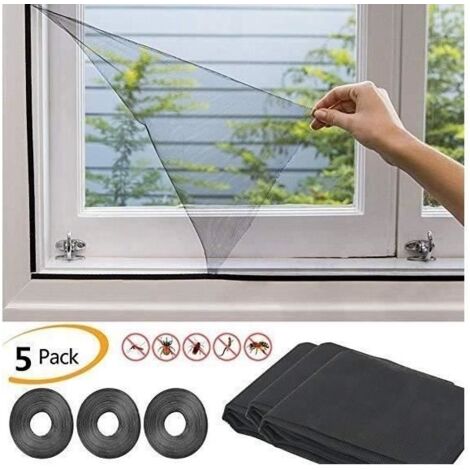 Lot de 5 Moustiquaires de fenêtre avec velcro 130 x 150cm, Rideau souple en soie glace noir