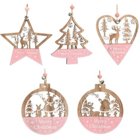 Lot de 5 ornements de Noël en bois à suspendre, pendentifs en bois découpés, décorations rustiques pour sapin de Noël rose