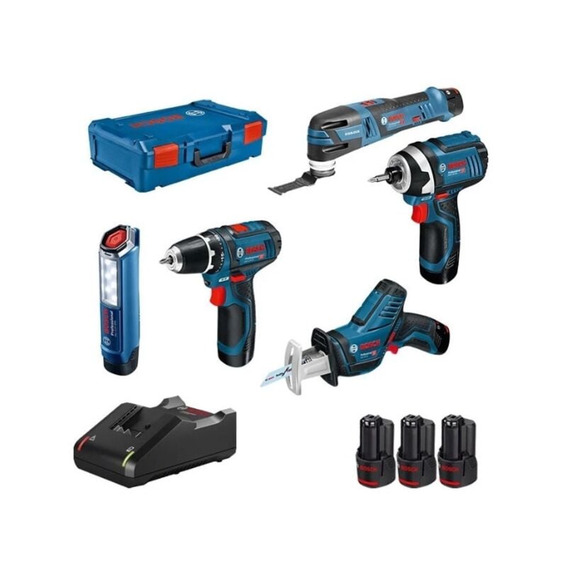 Bosch - Lot de 5 outils 12V pro - avec 3 batteries gba 12V 2.0Ah - chargeur gal 12 - L-Boxx - 0615990N1D