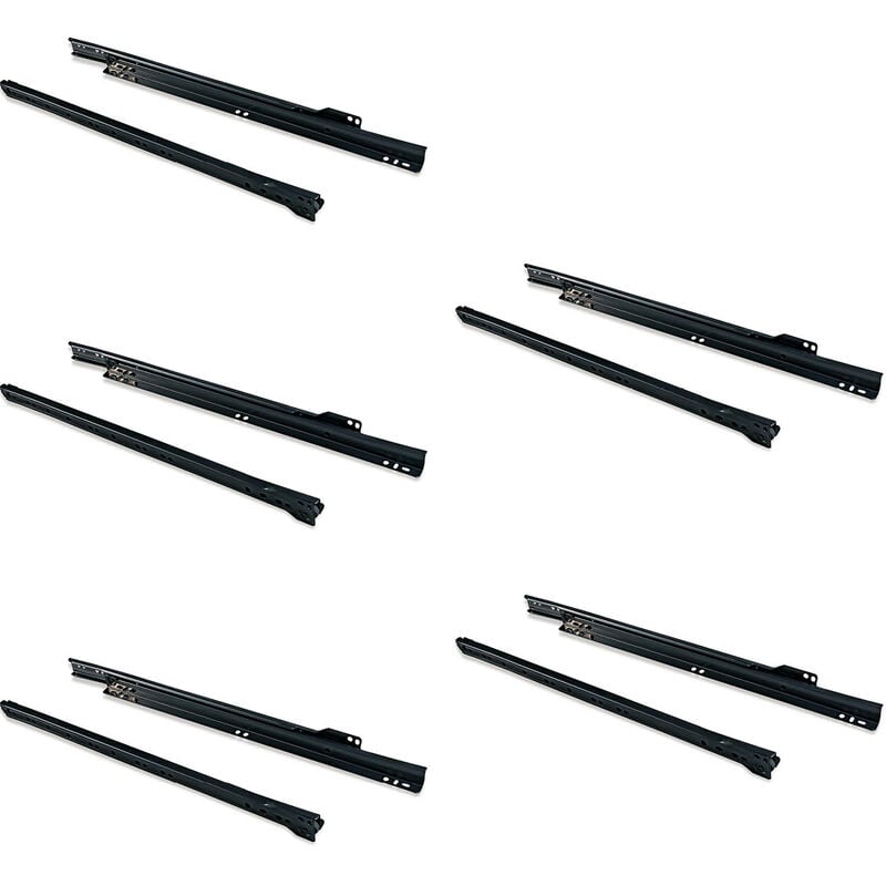 Lot de 5 jeux de coulisses de tiroir T30, fermeture à glissière, longueur 450mm, coulisse partielle, Acier, Noir - Emuca