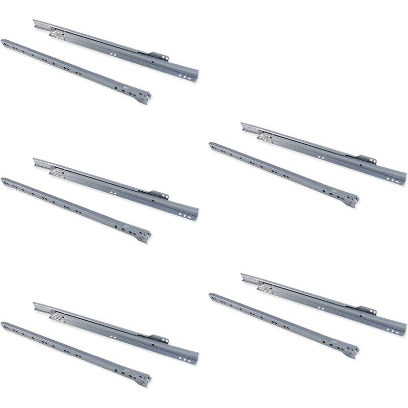 Lot de 5 jeux de coulisses a roulettes pour tiroir T30, drop lock, longueur 550mm, sortie partielle, Acier, Gris métallique - Emuca