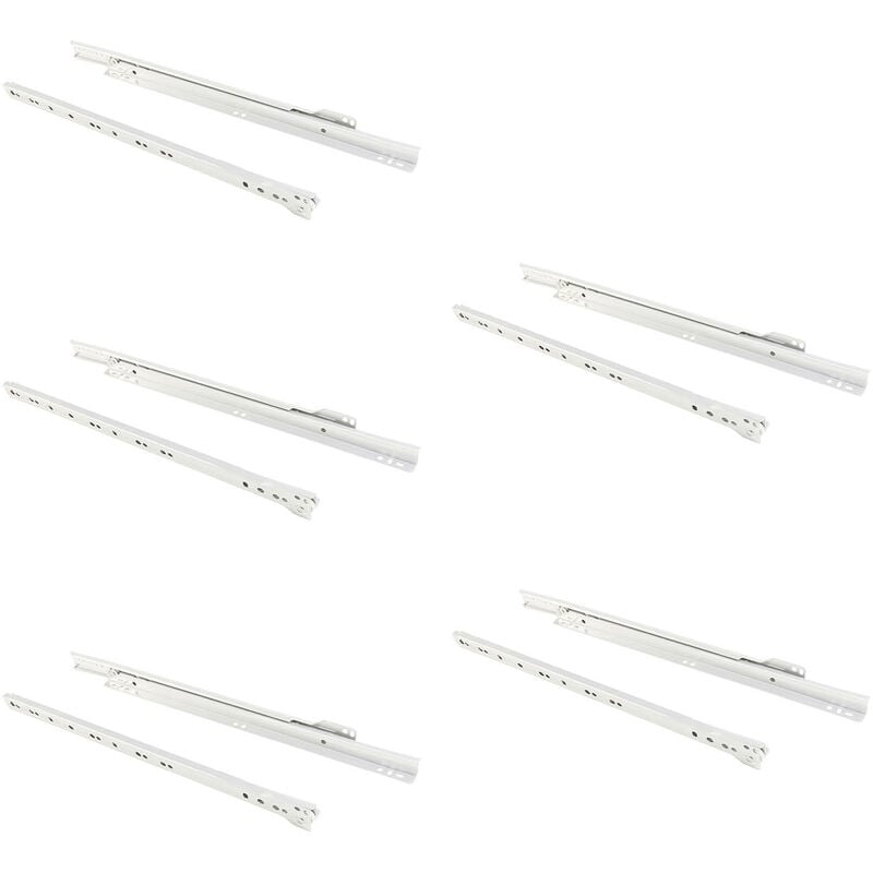 Lot de 5 jeux de coulisses a roulettes pour tiroir T30, drop lock, longueur 800mm, sortie partielle, Acier, Blanc - Emuca
