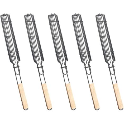 Lot de 5 paniers à griller en acier épais avec poignée bois pour barbecue, cuisson hot-dogs, saucisses et poissons -