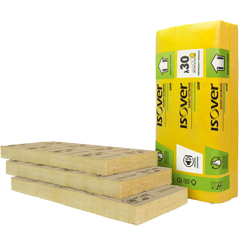 Lot de 5 panneaux de laine de verre gr 30 revêtu kraft 111 mm pour doublage des murs lambda 30 – 1,35x0,6m – R=3,70 m².K/W – Isover