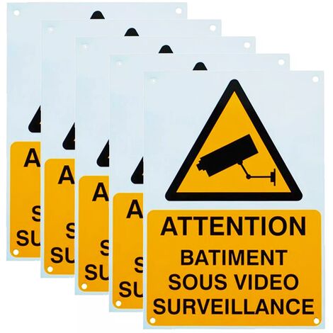 Lot de 5 panneaux extérieurs 'ATTENTION BÂTIMENT SOUS VIDÉOSURVEILLANCE' - plastique rigide (format A4)