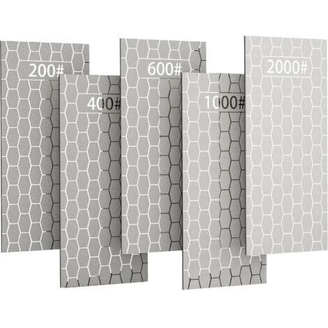 Lot de 5 pierres à aiguiser diamant – Grains 200/400/600/1000/2000 – Surface nid d'abeille – Base antidérapante pour affûtage précis