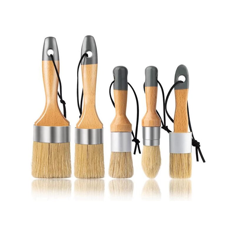 Lot de 5 pinceaux à Peinture à la Craie et à la Cire - pour projets de Peinture et de Cire - Poils de Sanglier naturels Poignées ergonomiques