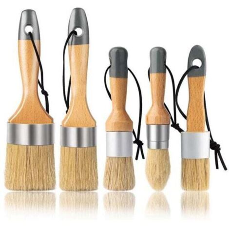 Lot de 5 pinceaux à Peinture à la Craie et à la Cire - pour projets de Peinture et de Cire - Poils de Sanglier naturels Poignées ergonomiques Peinture au Lait Pinceaux à Pochoir pour Meubles en Bois