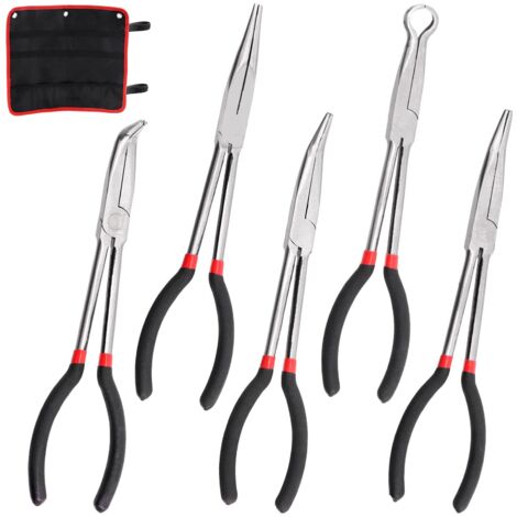 Lot de 5 pinces à bec aiguille de 27,9 cm de long avec sac de rangement comprenant droit, 25 degrés, 45 degrés, angle de 90 degrés et pince circulaire longue portée pour réparation automobile,