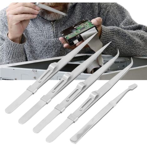 Lot de 5 Pinces Anti-Static en Acier Inoxydable avec Embouts Courbés, Droits et Plats pour Électronique, Bijouterie et Modélisme