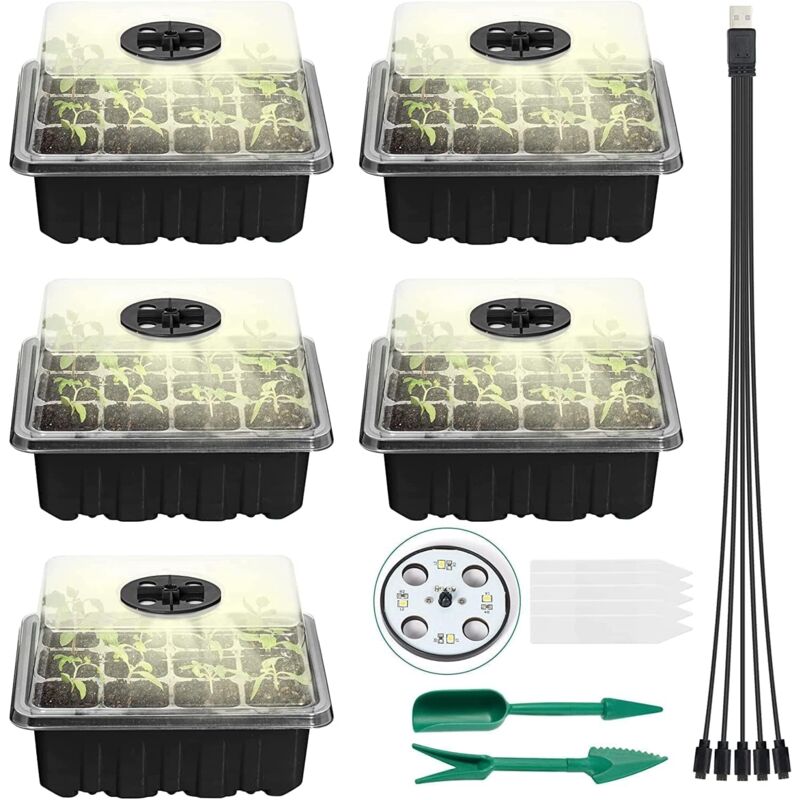 Lot de 5 plateaux de démarrage de graines avec lampe de croissance, plateau de démarrage de 60 cellules avec dômes d'humidité pour serre intérieure,