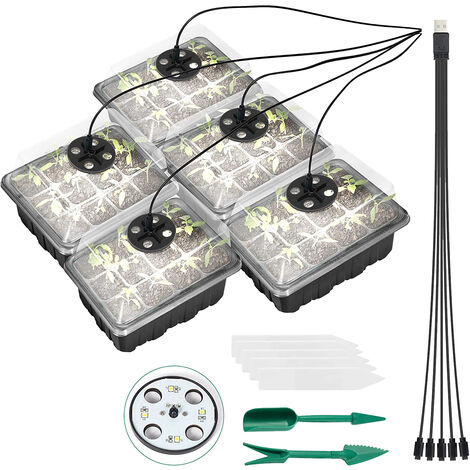 Lot de 5 plateaux de démarrage pour graines de plantes avec lumières de croissance pour planter des graines 60 cellules de semis Kit de démarrage de plantes biologiques avec 5 étiquettes et 2 outils de transplantation (noir)