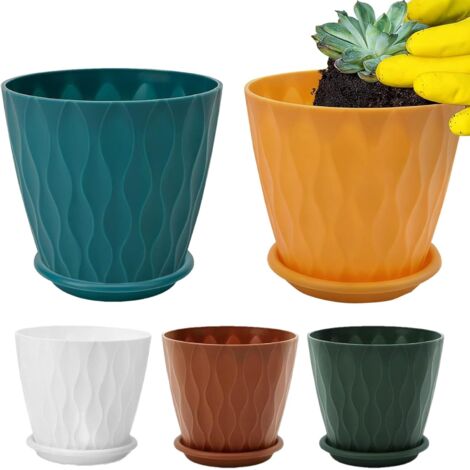Lot de 5 pots de fleurs décoratifs avec drainage et soucoupe - Pots de
