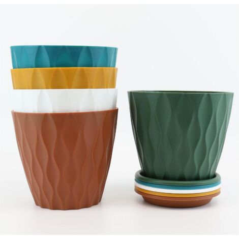 Lot de 5 pots de fleurs, pots épais à motif ondulé, pots d'intérieur, pots de plantation, avec soucoupe, adaptés à la plantation au jardin (couleurs variées)