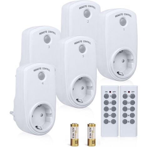 Lot de 5 prise connectee, Prise Télécommandée sans Fil avec 2 Télécommandes 2 Piles Fournies 30M de DNCE de Contrôle dans la Zone Ouverte Fonction on Off