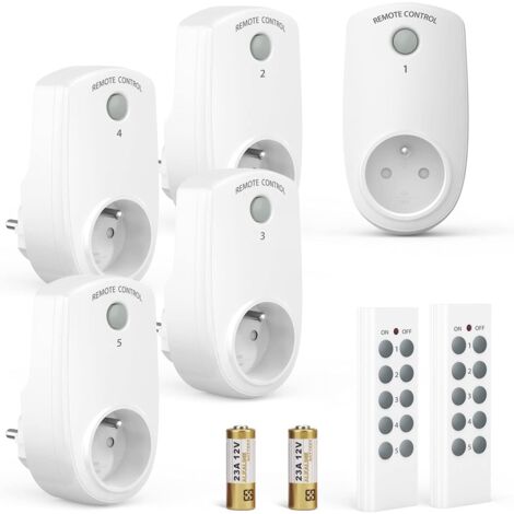 Lot de 5 Prise Programmable Électrique, Prise Télécommandée sans Fil avec 2 Télécommandes 2 Piles Fournies, 30M de Distance de Contrôle dans la Zone Ouverte, Fonction on/Off