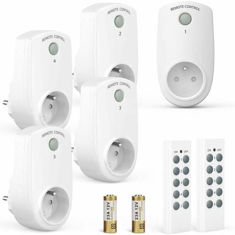 SNQ - Lot de 5 Prise Programmable Électrique, Prise Télécommandée sans Fil avec 2 Télécommandes 2 Piles Fournies, 30M de Distance de Contrôle dans la
