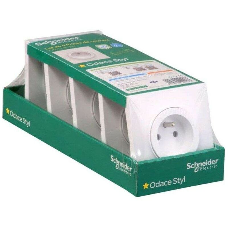Lot de 5 prises 2P+T avec plaque de finition blanc Odace