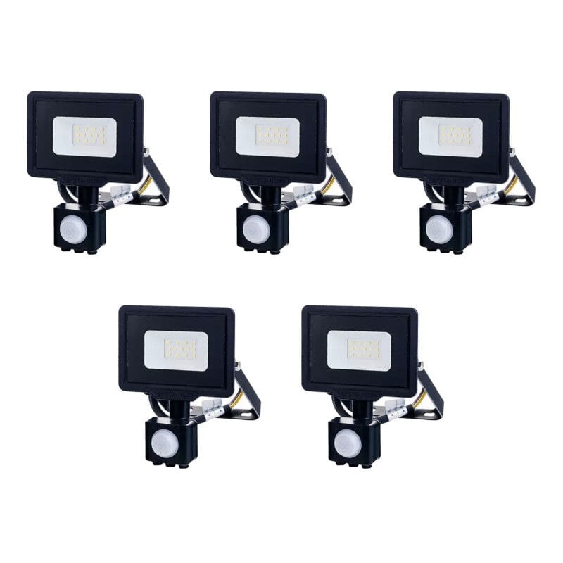 Lot de 5 Projecteur led à Détecteur pir 20W 1600lm (107W) 120° Étanche IP65 Noir - Blanc Chaud 2700K