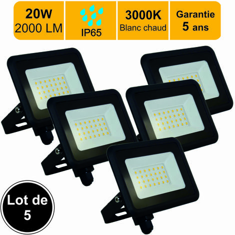 Lot de 5 projecteurs LED 20W 1700 LM 3000K IP65 connexion en direct - garantie 5 ans