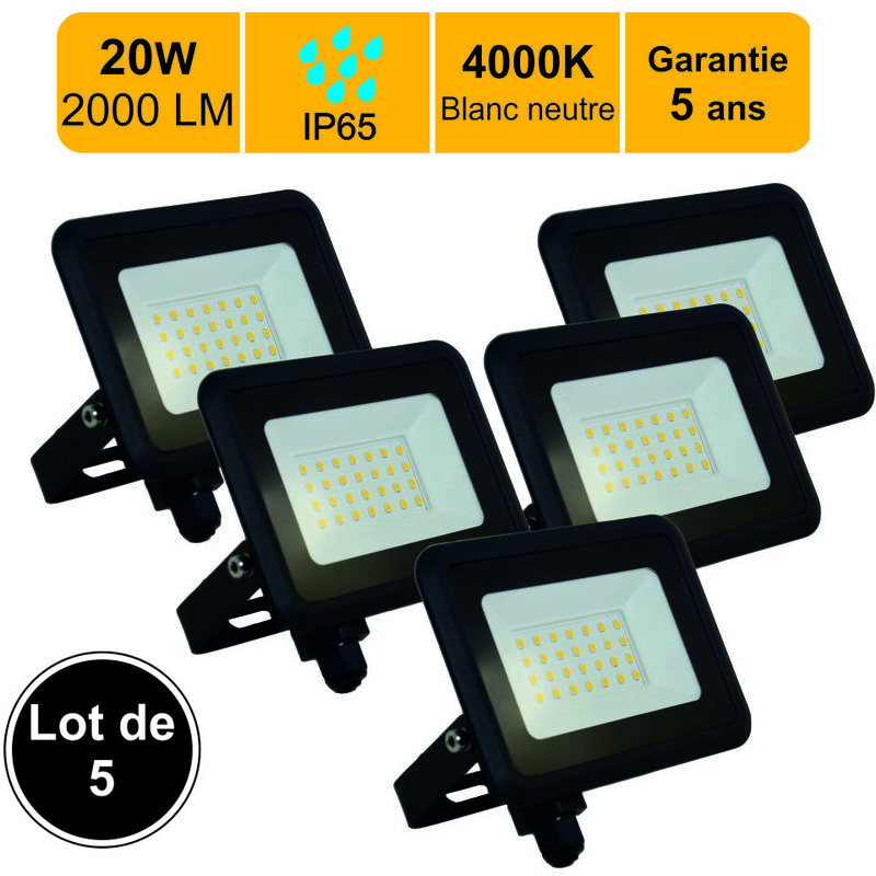 Lot de 5 projecteurs led 20W 2000 lm 4000K IP65 connexion en direct - garantie 5 ans