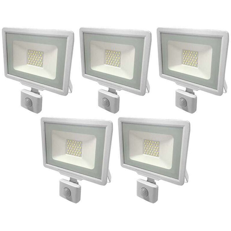 Lot de 5 Projecteurs led Blancs 30W (150W) à Détecteur IP65 2400lm - Blanc Chaud 2700K
