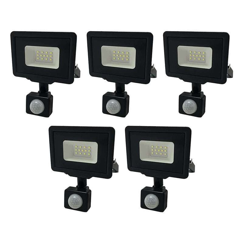 Lot de 5 Projecteurs led Noirs 10W à Détecteur IP65 800lm - Blanc Chaud 2700K