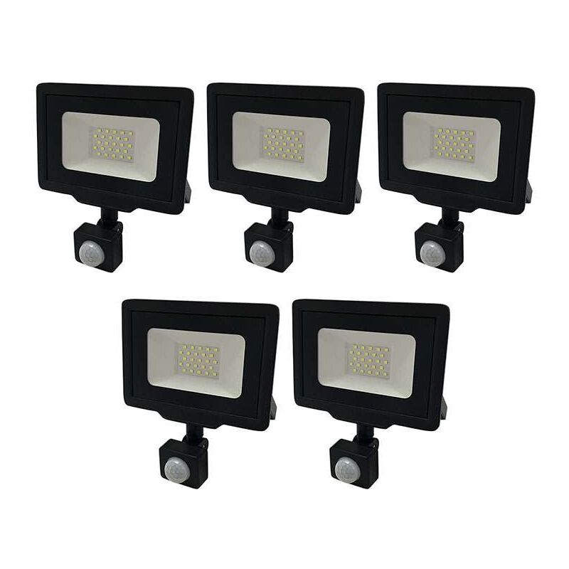Lot de 5 Projecteurs led Noirs 20W (100W) à Détecteur IP65 1600lm - Blanc Chaud 2700K